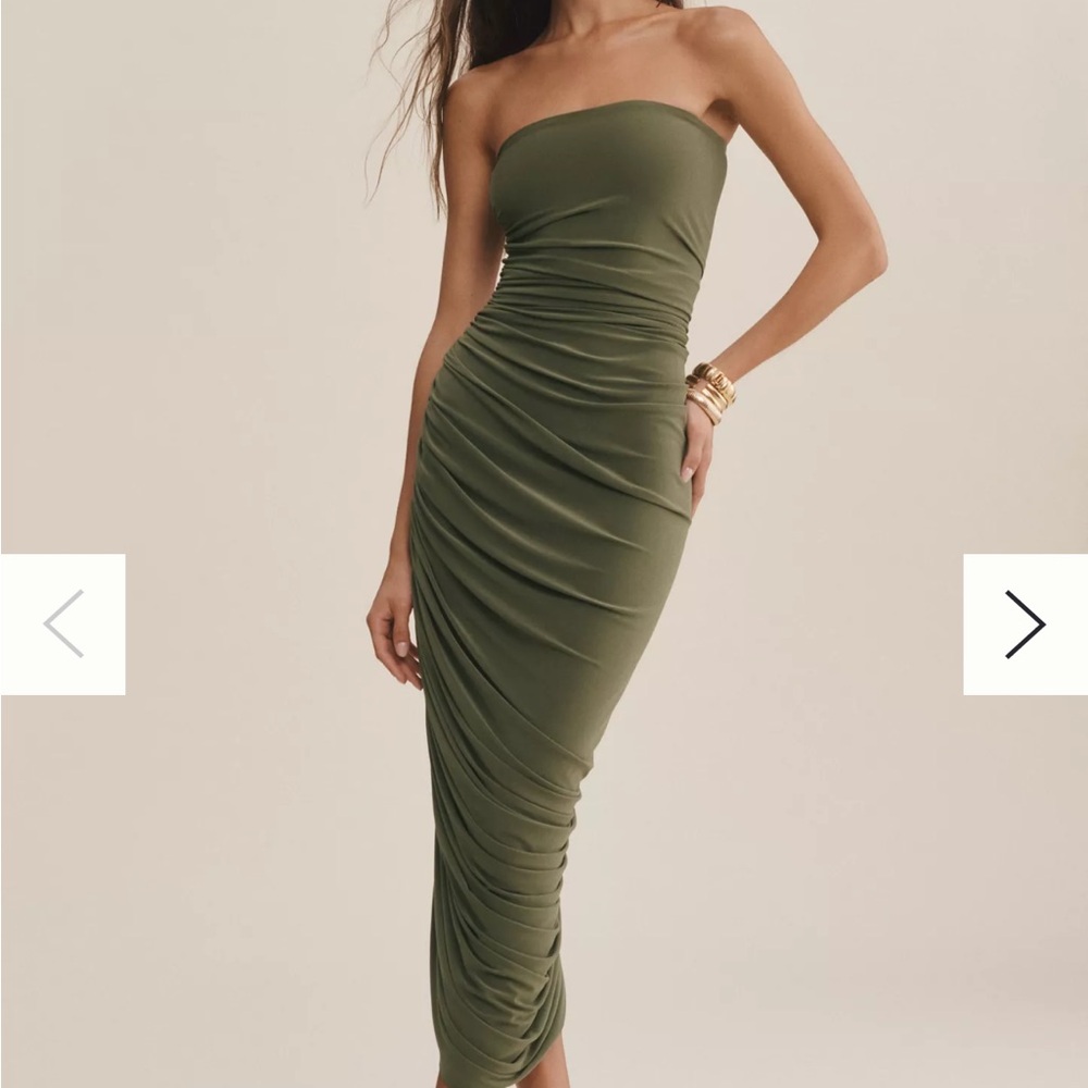 Norma Kamali Diana Strapless Ruched Stretch Jersey Midi Dress
